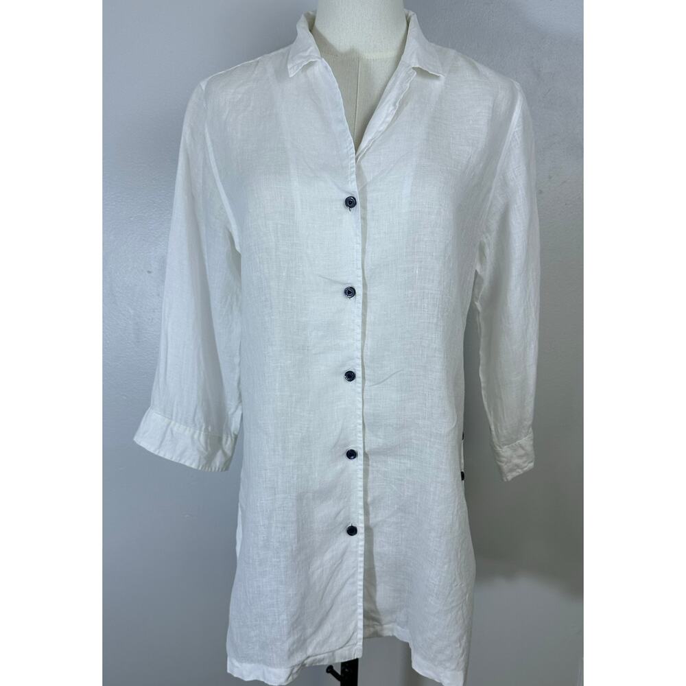 Foxcroft Linen Button Down Shirt Womens 8 White Shaped Fit 3/4 Sleeve Coastal